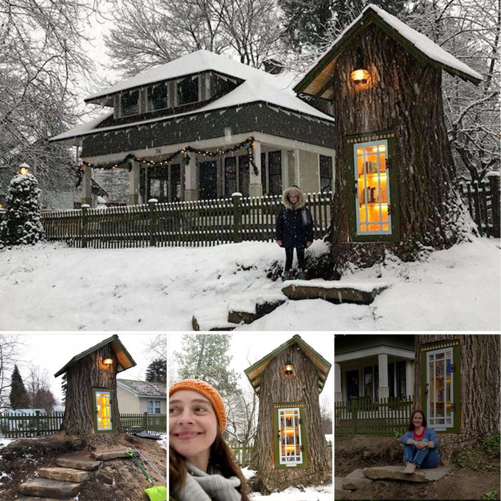 Woman Transforms 110-Year-Old Dead Tree into a Charming Free Little Library for the Neighborhood