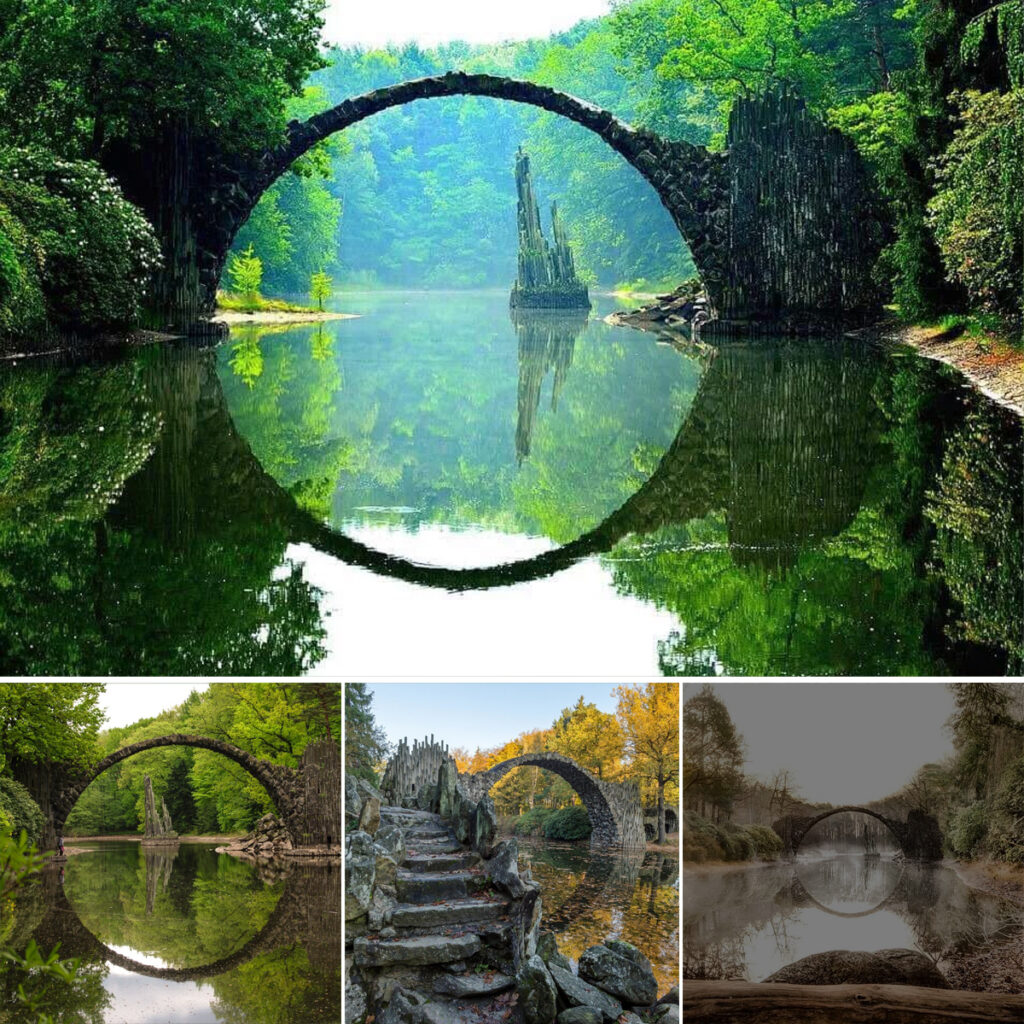 The reflection of this 19th-century bridge creates a perfect stone circle from any angle.